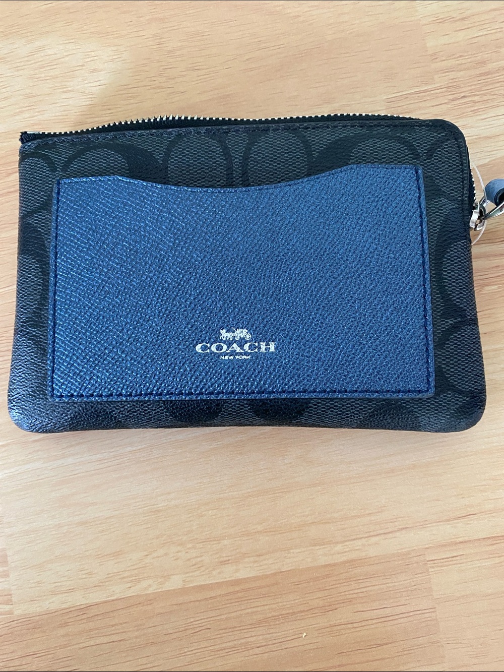 Coach Wristlet Black and Metallic Navy Card Holder Wallet Corner Zip - Picture 10 of 15